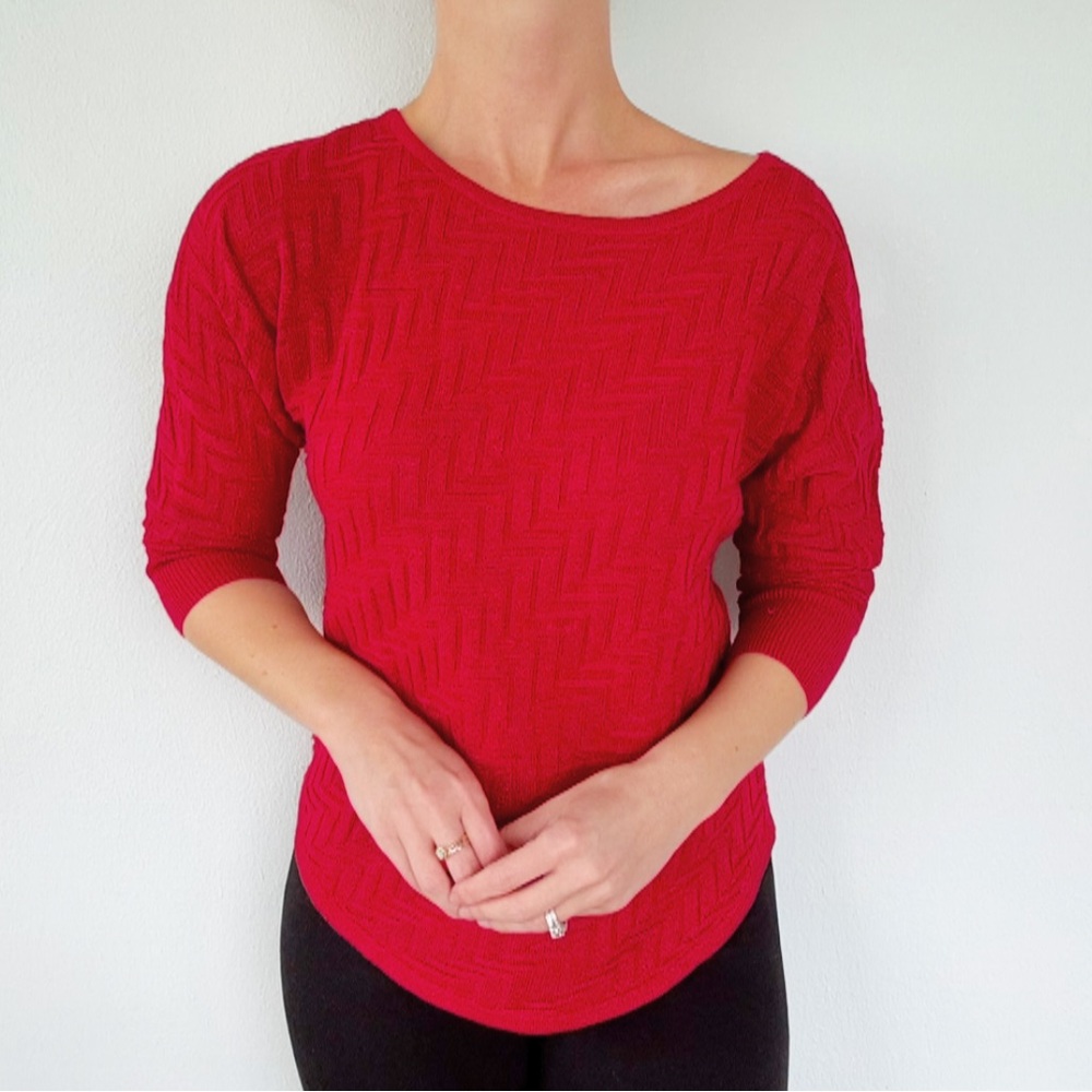 A.N.A. red sparkle chevron knit boat neck 3/4 sleeve sweater size petite small